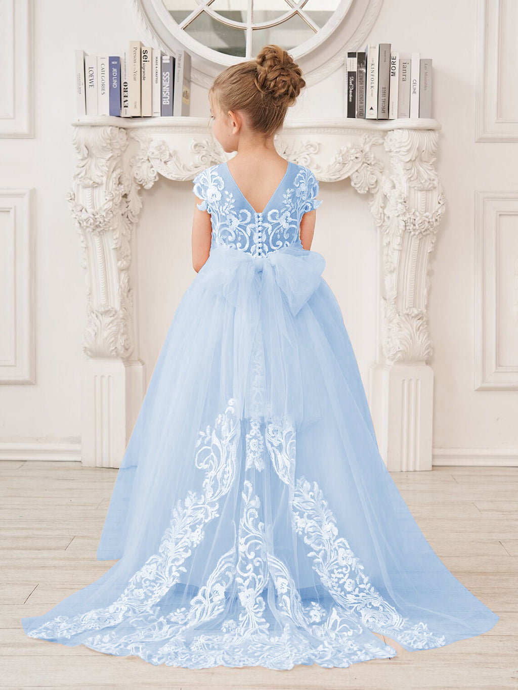 Vestido rosa de niña de las flores, corte en A, encaje, tul y cola corta 