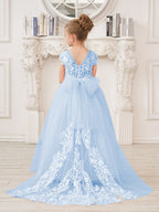 Vestido rosa de niña de las flores, corte en A, encaje, tul y cola corta 