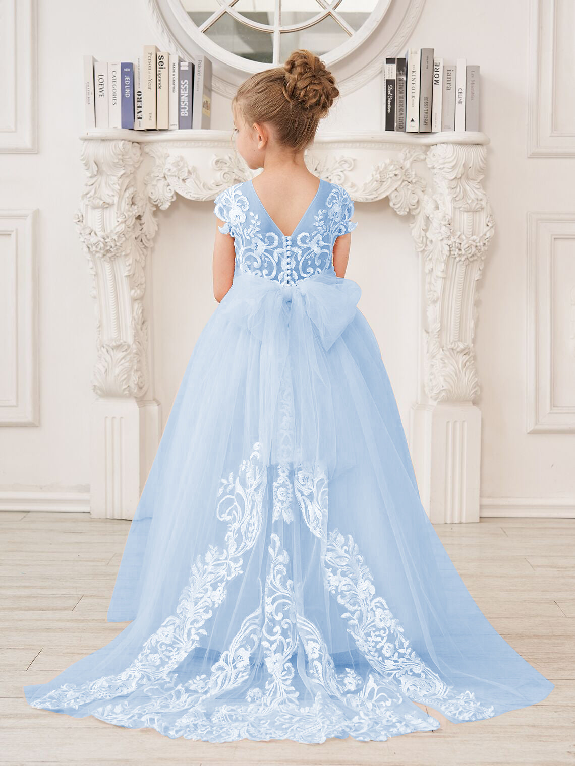 Vestido rosa de niña de las flores, corte en A, encaje, tul y cola corta 