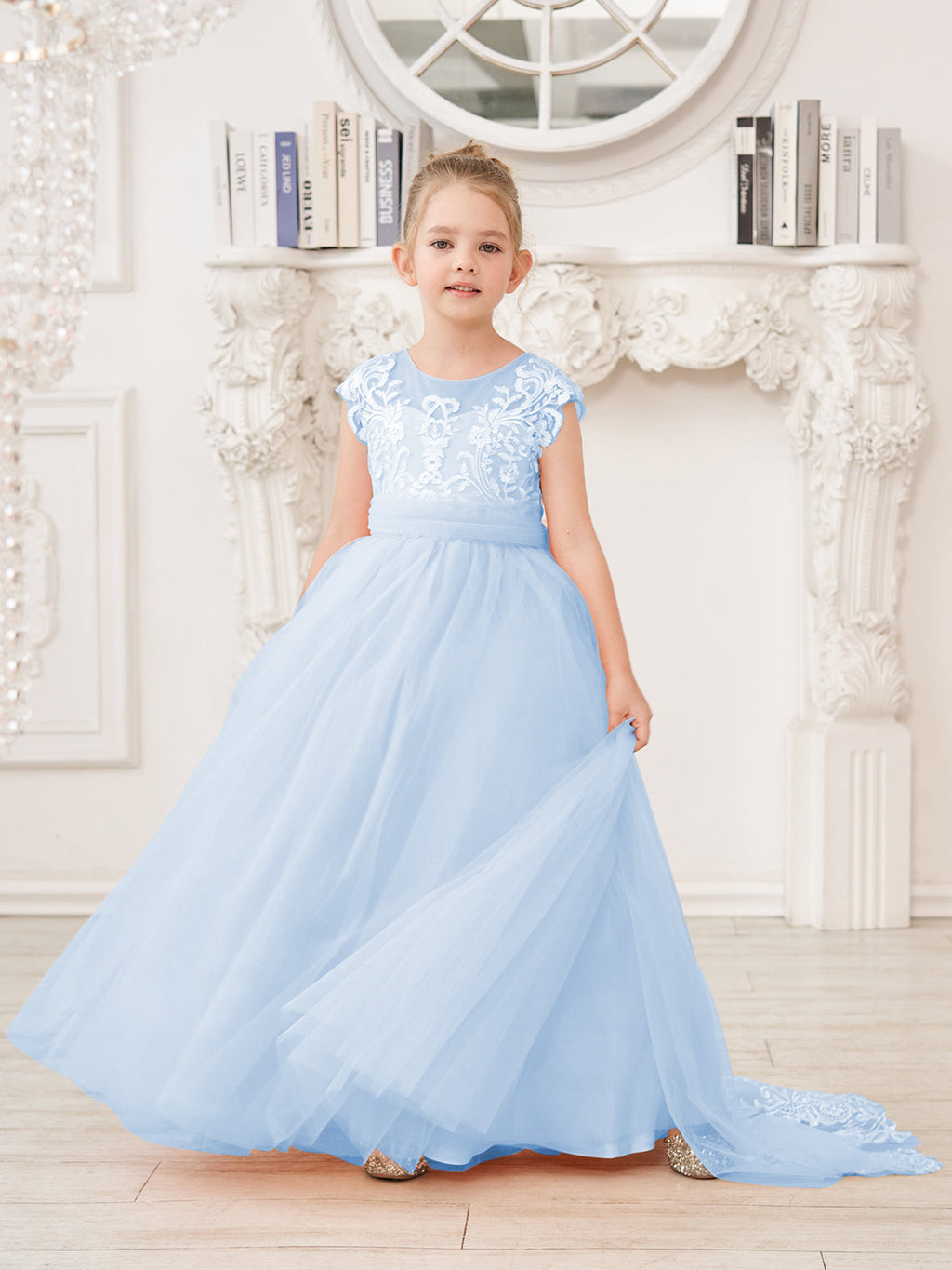 Vestido rosa de niña de las flores, corte en A, encaje, tul y cola corta 