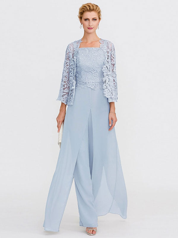 Traje pantalón de chifón de tres piezas con escote cuadrado y chaqueta para la madre de la novia 