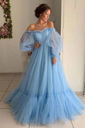 Vestidos de graduación de tul corte A con hombros descubiertos, vestido largo formal