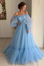 Vestidos de graduación de tul corte A con hombros descubiertos, vestido largo formal