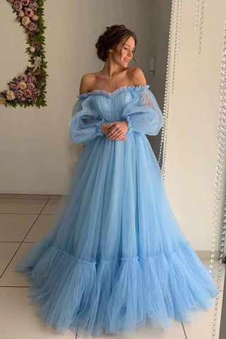 Robe de bal longue en tulle à épaules dénudées et coupe trapèze, robe de soirée