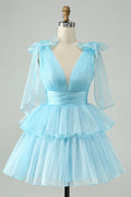 Robe de bal courte plissée à col en V SYH109