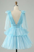 Robe de bal courte plissée à col en V SYH109