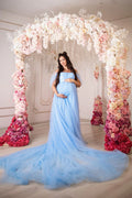 Elegante vestido de maternidad de tul azul celeste con cola - Ideal para sesiones de fotos de baby shower 