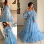 Vestido de quinceañera corte A, azul cielo, estilo bohemio, de tul, para la playa o el verano.