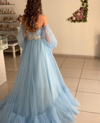 Vestido de quinceañera corte A, azul cielo, estilo bohemio, de tul, para la playa o el verano.