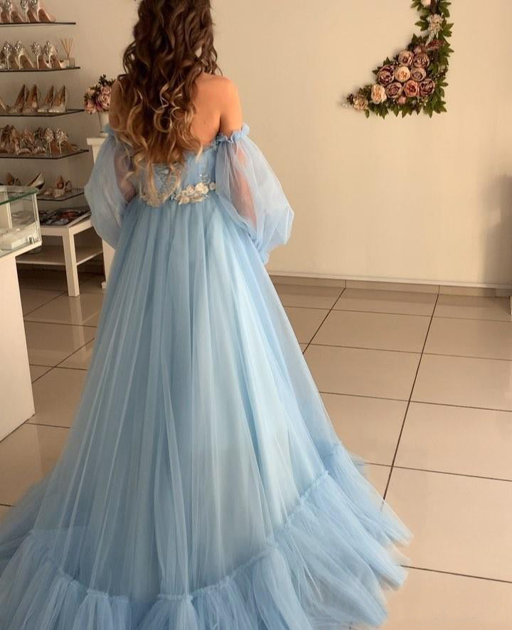 Vestido de quinceañera corte A, azul cielo, estilo bohemio, de tul, para la playa o el verano.