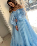 Vestido de quinceañera corte A, azul cielo, estilo bohemio, de tul, para la playa o el verano.