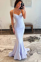 Sky Blue Satin Mermaid Halter Neckline Sheath Long Prom Dresses