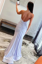 Sky Blue Satin Mermaid Halter Neckline Sheath Long Prom Dresses