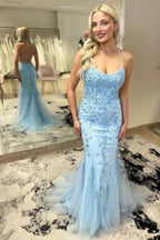 Vestidos largos de fiesta de sirena con tirantes finos de tul y encaje