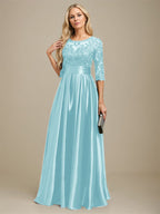 Robe de mariée longue en satin stretch dentelle et dentelle, coupe trapèze, décolleté illusion, ornée d'un nœud à sequins 