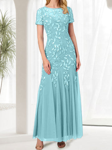 Blue Mermaid Round Neck Long Mother of the Bride Dress With Beadings