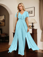 Combinaison-pantalon robe de soirée longue en mousseline à col en V