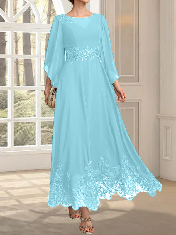 Robe de mère de la mariée en mousseline de dentelle, coupe trapèze, décolleté illusion, longueur cheville, ornée de sequins 