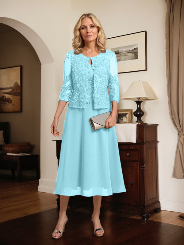 Vestido de novia de corte línea A, escote redondo, largo hasta la rodilla, de encaje y gasa con lentejuelas. 