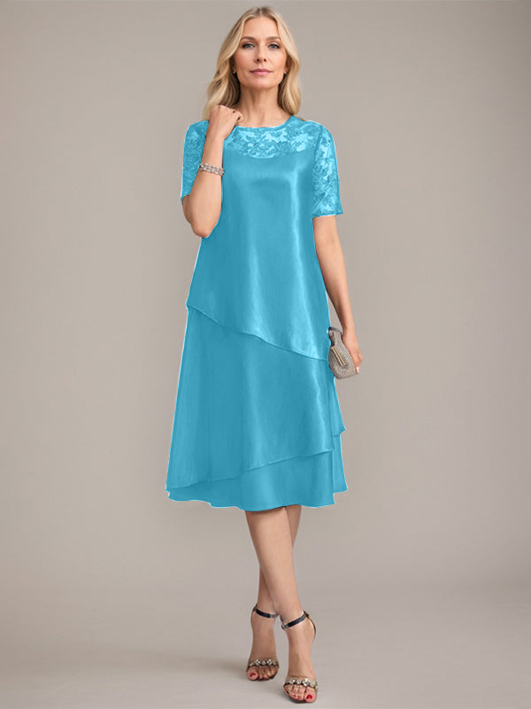 Vestido de corte A, escote redondo, largo hasta la rodilla, para la madre de la novia, con apliques y lentejuelas. 