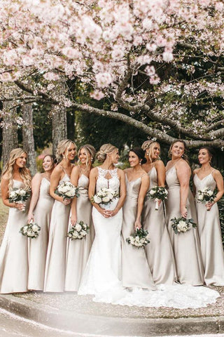 Vestidos de dama de honor largos hasta el suelo de satén de seda con elegantes tirantes finos BD091