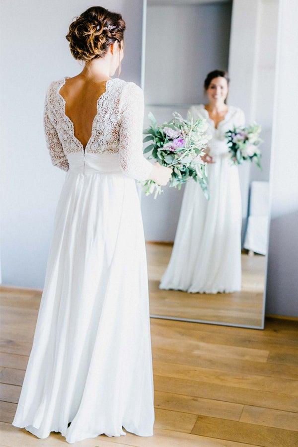 Vestidos de novia de gasa con encaje, espalda descubierta y mangas 3/4 transparentes WD291 