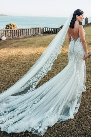Vestido de novia de tul sin mangas, escote en V y encaje, hasta el suelo.