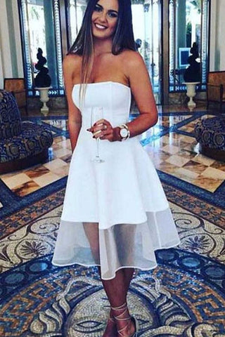 Vestido blanco sin mangas, corte en A, hasta la rodilla, sin tirantes, para baile de bienvenida PD442