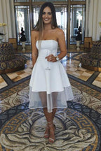 Vestido blanco sin mangas, corte en A, hasta la rodilla, sin tirantes, para baile de bienvenida PD442