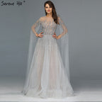 Sliver Arabic Luxury Beading Cape Sleeves  A-Line Evening Dresses 2025 O-Neck A-Line Sexy Evening Gowns cerene Hill LA60869