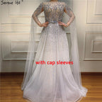 Sliver Arabic Luxury Beading Cape Sleeves  A-Line Evening Dresses 2025 O-Neck A-Line Sexy Evening Gowns cerene Hill LA60869