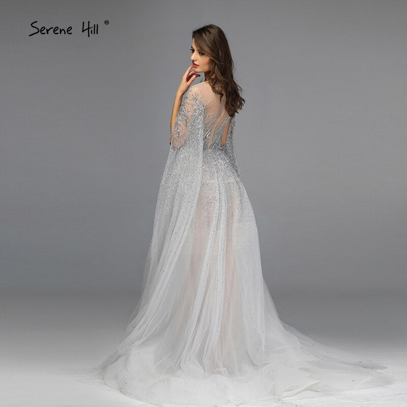 Sliver Arabic Luxury Beading Cape Sleeves  A-Line Evening Dresses 2025 O-Neck A-Line Sexy Evening Gowns cerene Hill LA60869