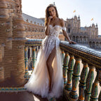 Boho Tull Wedding Dresses Off the Shoulder Lace Appliques A Line Beach Bridal Gown Sexy High Split Wedding Gowns