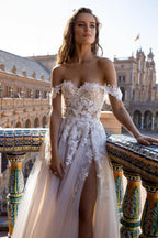 Boho Tull Wedding Dresses Off the Shoulder Lace Appliques A Line Beach Bridal Gown Sexy High Split Wedding Gowns