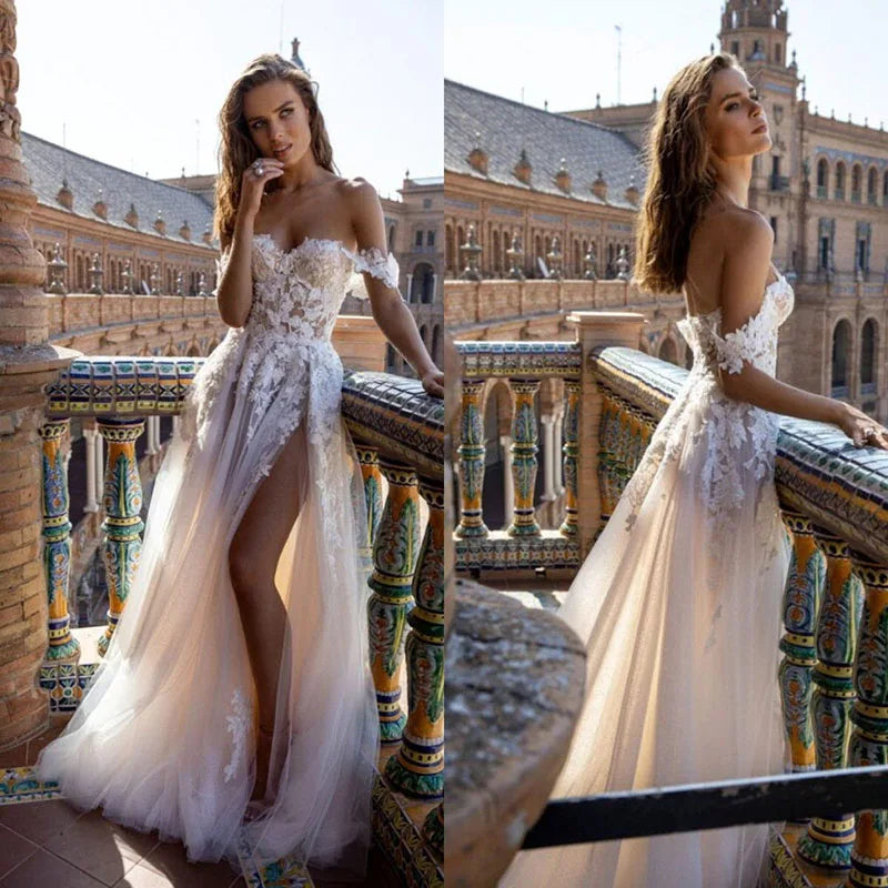 Boho Tull Wedding Dresses Off the Shoulder Lace Appliques A Line Beach Bridal Gown Sexy High Split Wedding Gowns