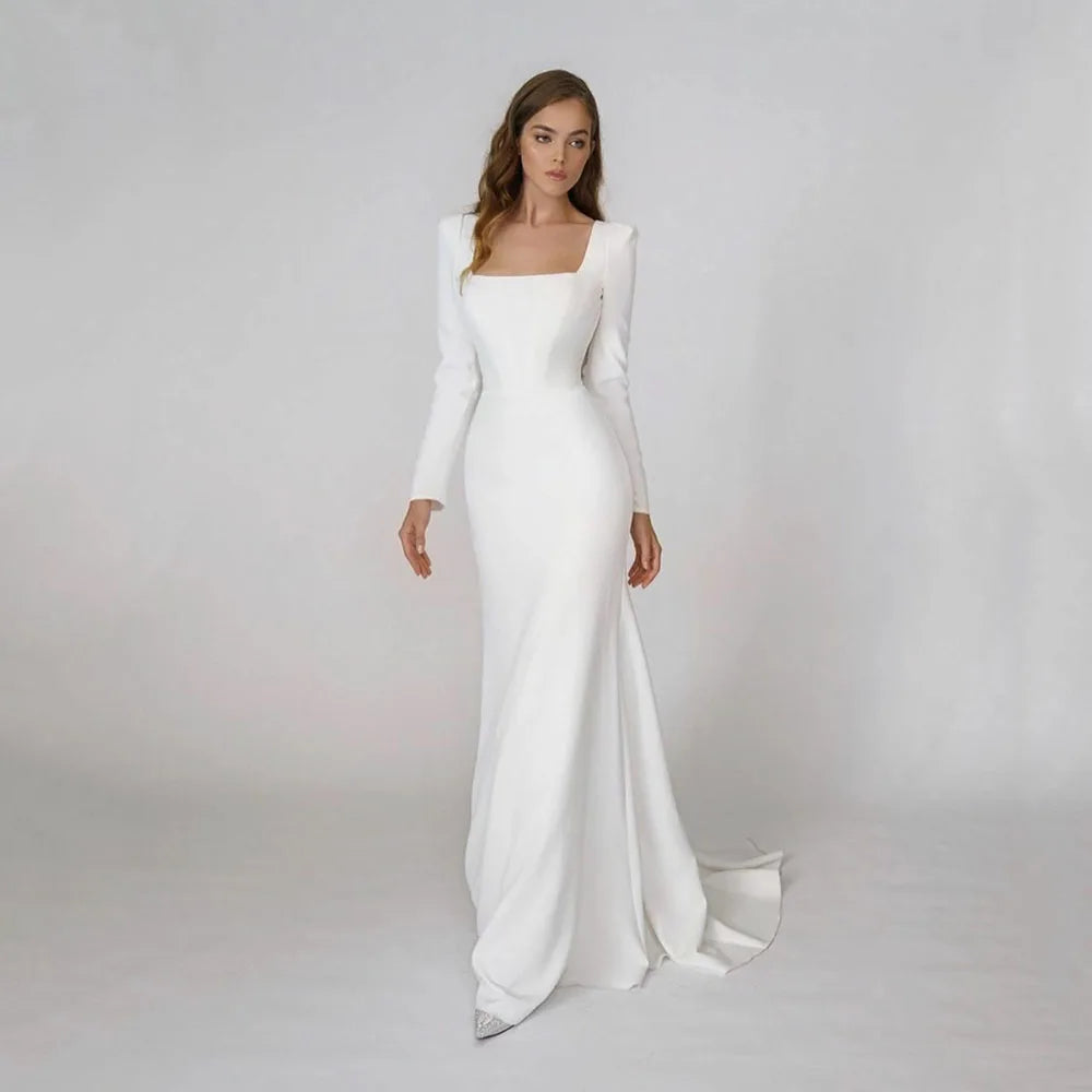 Robe de mariée sirène élégante en satin, col carré, manches longues, dos nu, robe de soirée, robe de mariée, Vestido De Noiva 