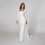 Robe de mariée sirène élégante en satin, col carré, manches longues, dos nu, robe de soirée, robe de mariée, Vestido De Noiva 