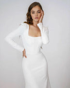 Robe de mariée sirène élégante en satin, col carré, manches longues, dos nu, robe de soirée, robe de mariée, Vestido De Noiva 