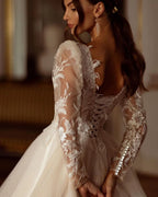 Glitter Champagne Wedding Dresses Long Sleeve Appliques Lace Modern Bridal Dress Tulle Bride Gown vestidos de novia