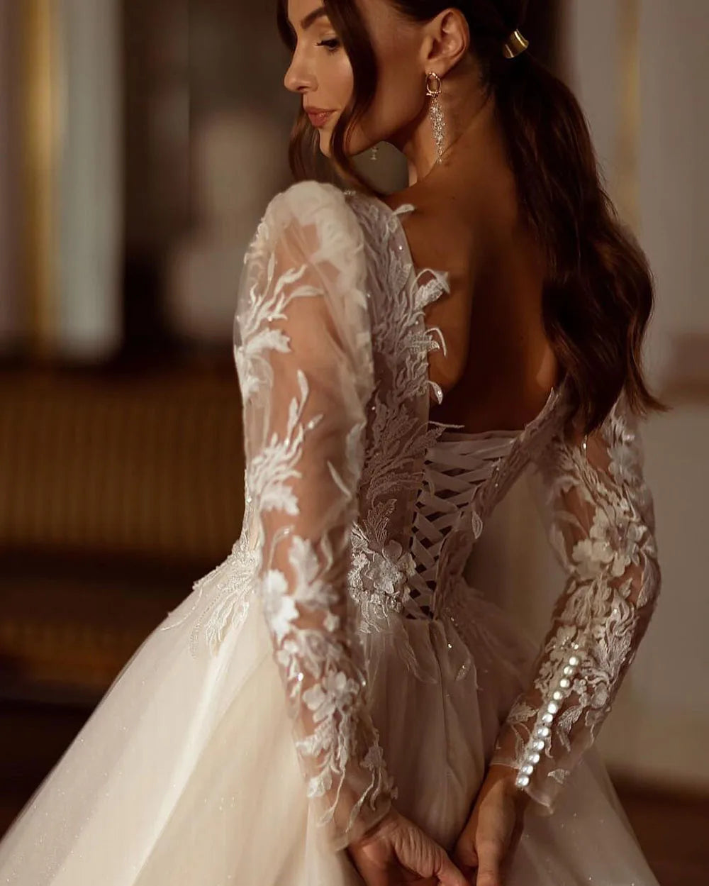 Glitter Champagne Wedding Dresses Long Sleeve Appliques Lace Modern Bridal Dress Tulle Bride Gown vestidos de novia