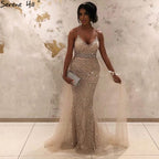 Spaghetti Strap Sexy Nude Silver Mermaid Luxury Beaded Evening Dresses Gowns For Woman 2025 Formal Dress LA70370