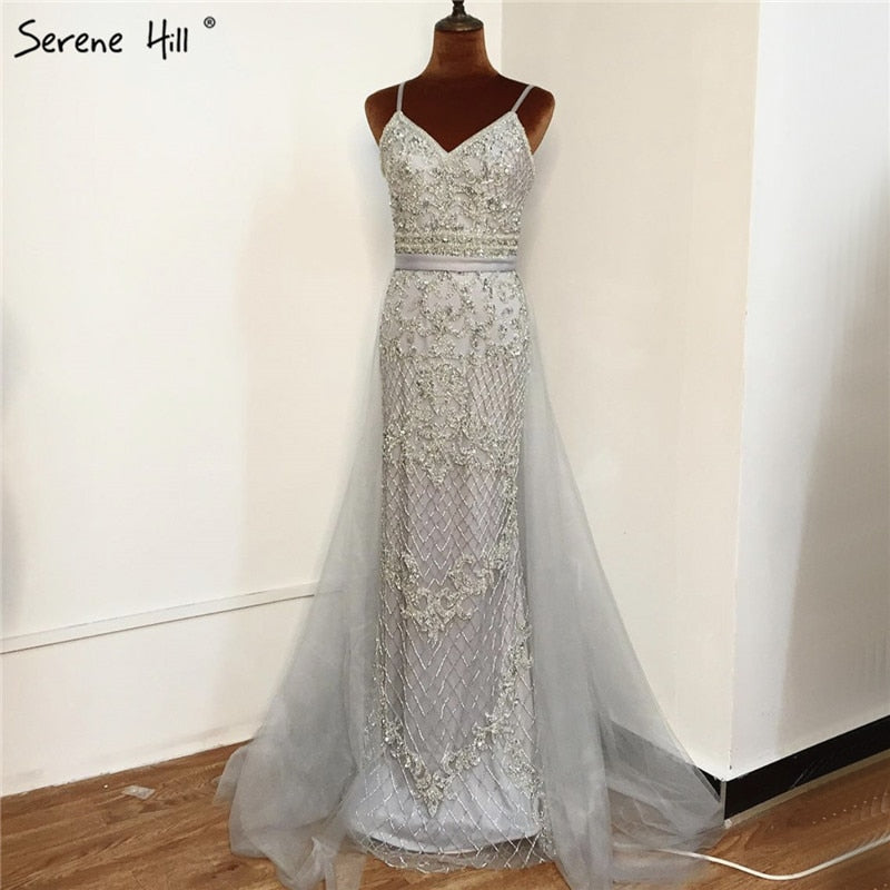 Spaghetti Strap Sexy Nude Silver Mermaid Luxury Beaded Evening Dresses Gowns For Woman 2025 Formal Dress LA70370
