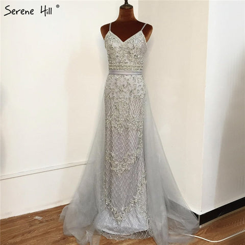 Vestido de noche de lujo con cuentas y tirantes finos, sexy, color piel, plateado, estilo sirena, para mujer, 2025, vestido formal LA70370 