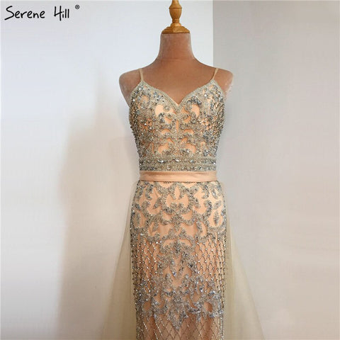 Vestido de noche de lujo con cuentas y tirantes finos, sexy, color piel, plateado, estilo sirena, para mujer, 2025, vestido formal LA70370 