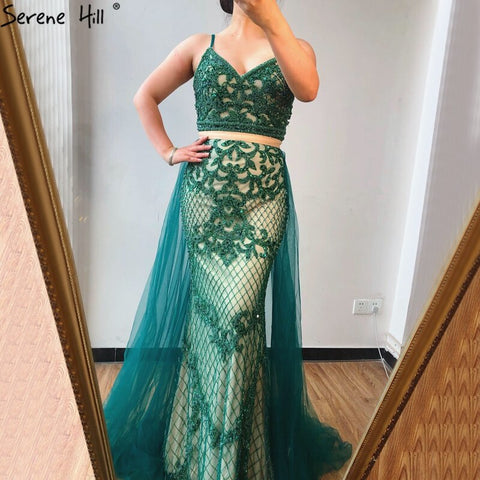 Vestido de noche de lujo con cuentas y tirantes finos, sexy, color piel, plateado, estilo sirena, para mujer, 2025, vestido formal LA70370 