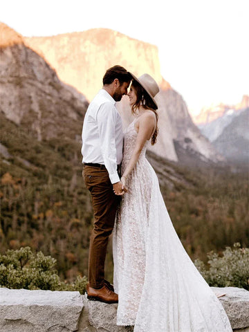 Robe de mariée bohème à bretelles pour femme, sans manches, col en V, coupe trapèze, robe de plage romantique bohème 