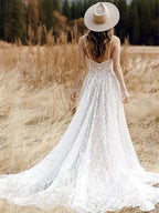 Vestidos de novia bohemios con tirantes para mujer, sin mangas, escote en V, corte en A, estilo playero, ideales para la novia. 