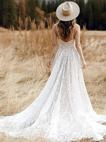 Robe de mariée bohème à bretelles pour femme, sans manches, col en V, coupe trapèze, robe de plage romantique bohème 