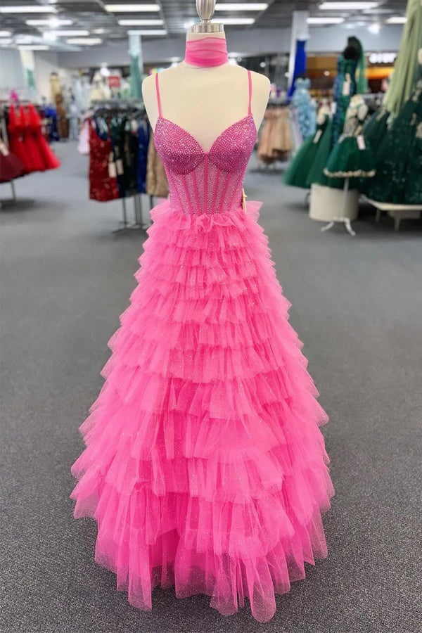 Vestido largo de fiesta rosa fucsia con tirantes finos y capas de cuentas PSK578