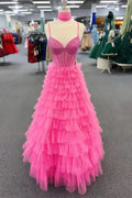Vestido largo de fiesta rosa fucsia con tirantes finos y capas de cuentas PSK578